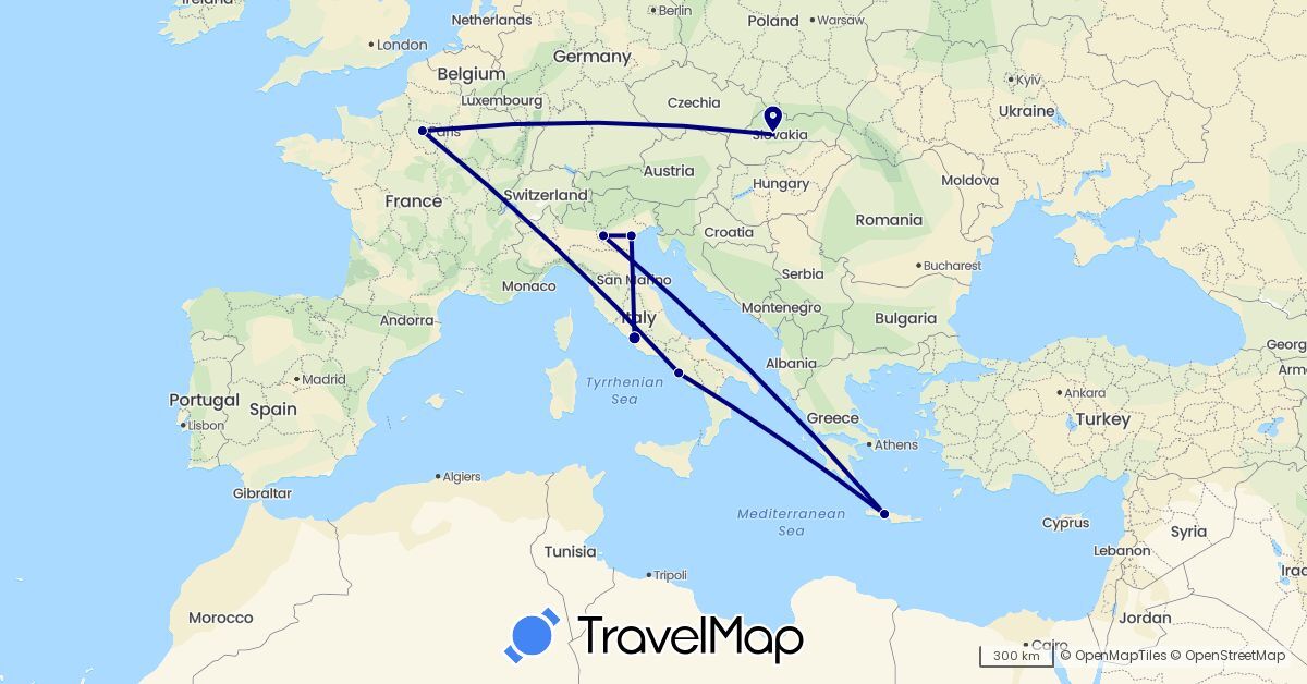 TravelMap itinerary: driving in France, Greece, Italy, Slovakia (Europe)